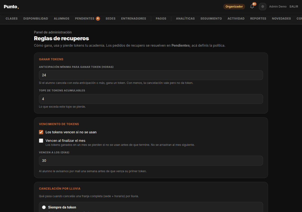 La pantalla de recuperos de Punto: el saldo de tokens de cada alumno con su origen, su fecha y su vencimiento.